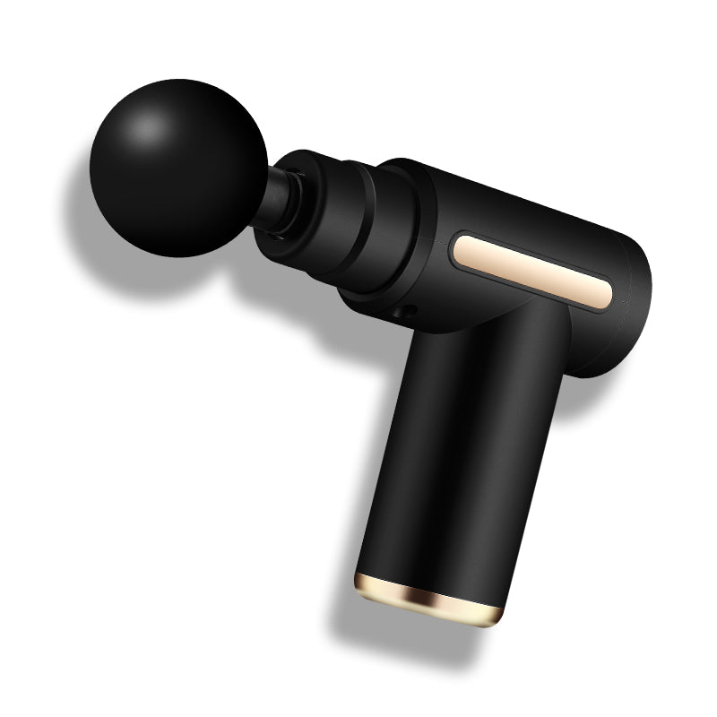 Black massage gun with gold accents on a white background