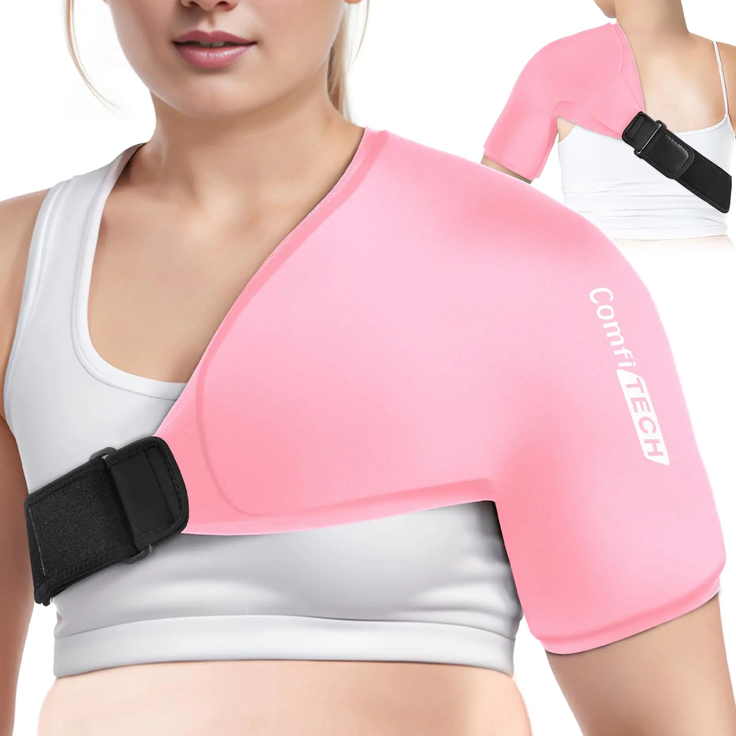 Pink shoulder brace with black straps worn by a person, featuring the brand 'COMFOTECH'.