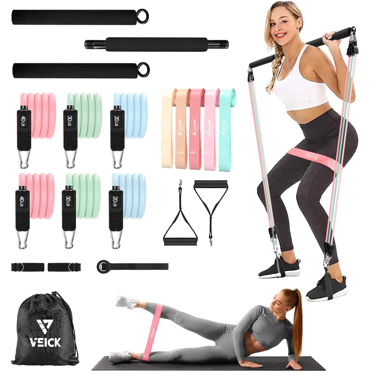Resistance band set with exercise equipment and a woman exercising, featuring the brand 'Veick'.