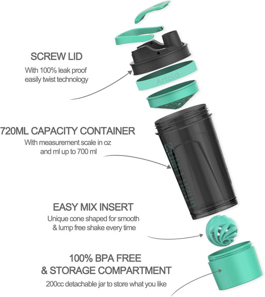 24-Ounce Protein Shaker Bottle, Dual Mixing Technology, BPA Free, Aqua Green/Black