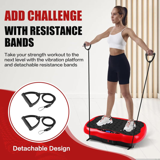 Vibration Plate Exercise Machine,Portable Vibration Plate Platform for Weight Loss Home Fitness, Lymphatic Drainage, W/Resistance Bands+Remote,Red