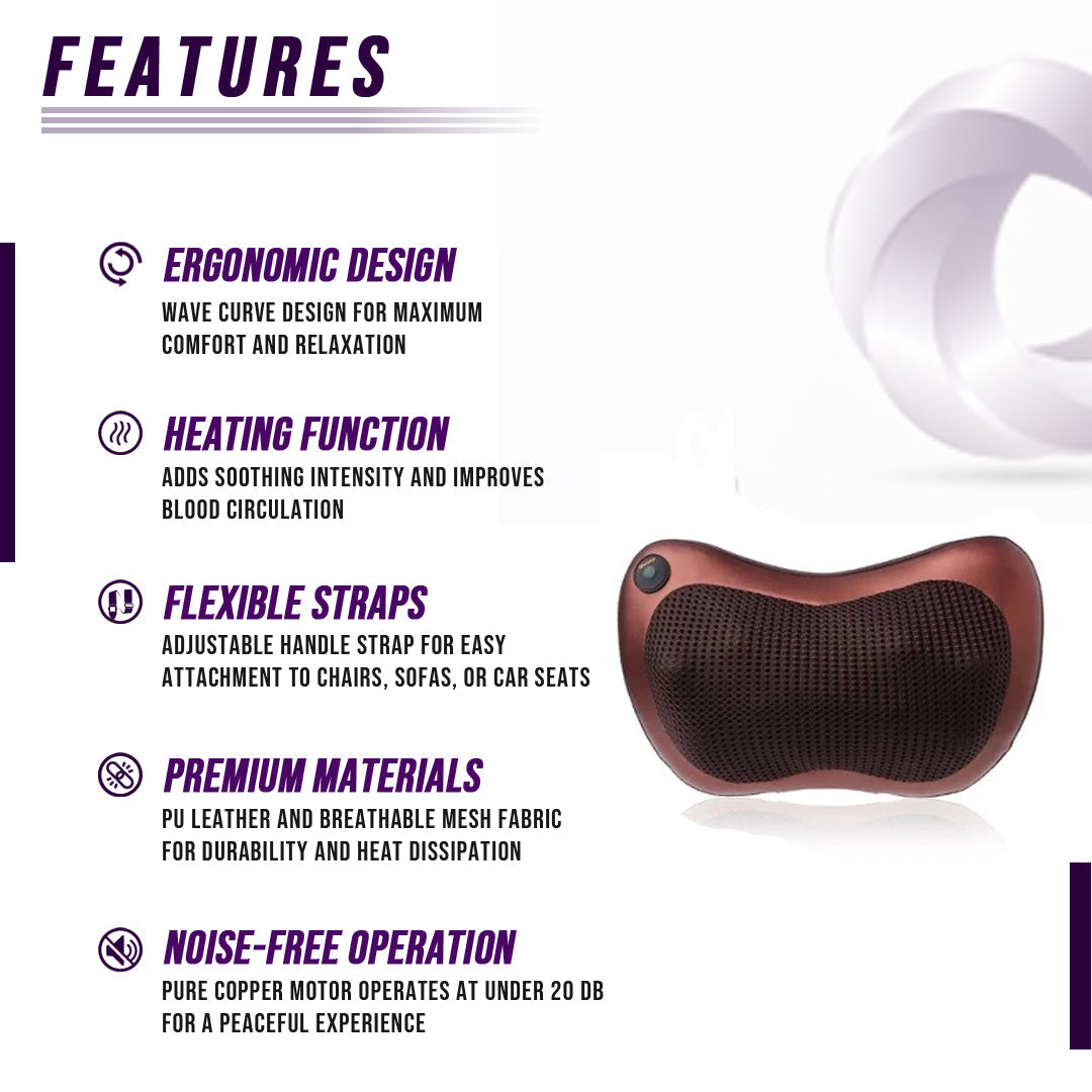 Massage pillow with features listed on a white background