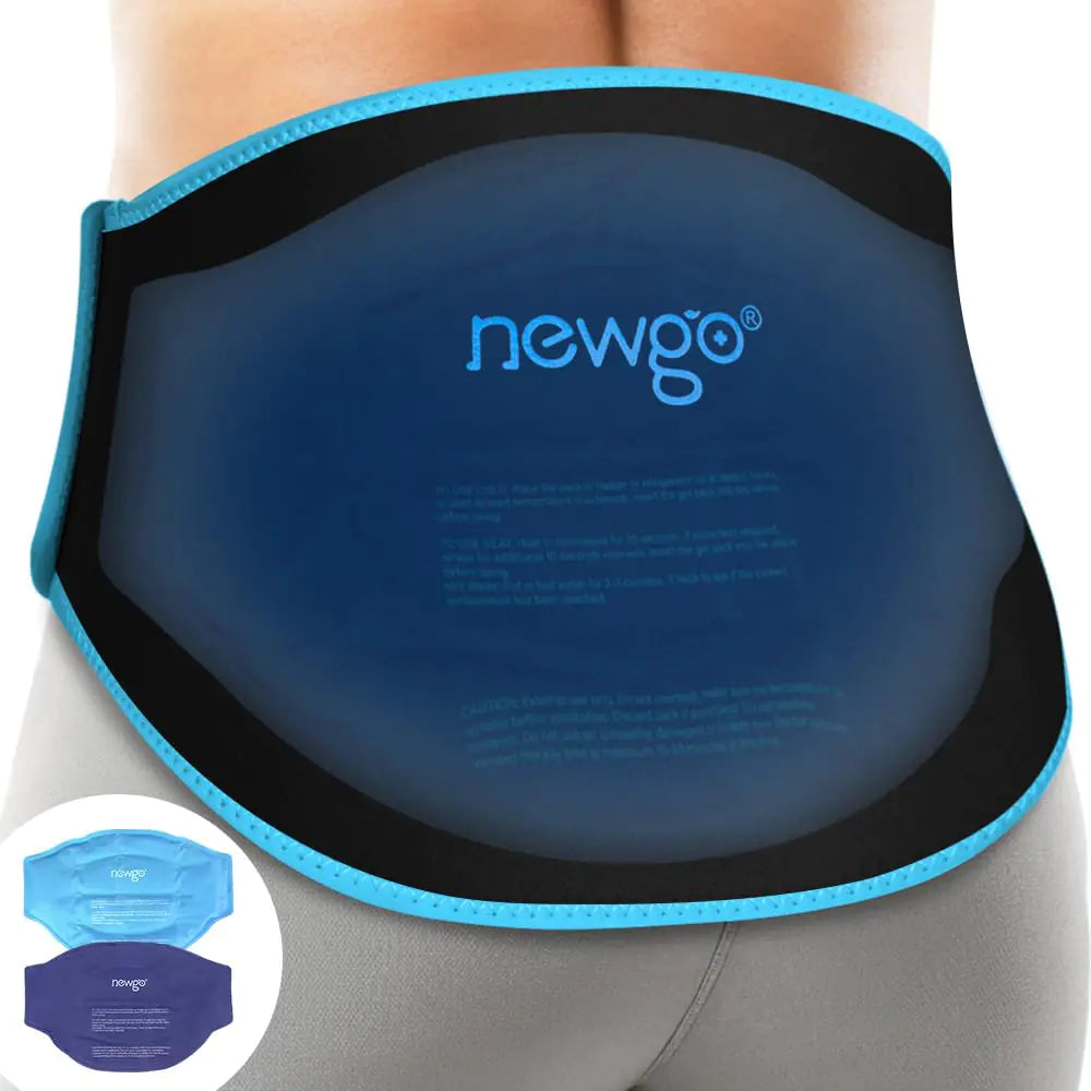Blue waist trainer with 'newgo' branding on a person wearing gray pants.