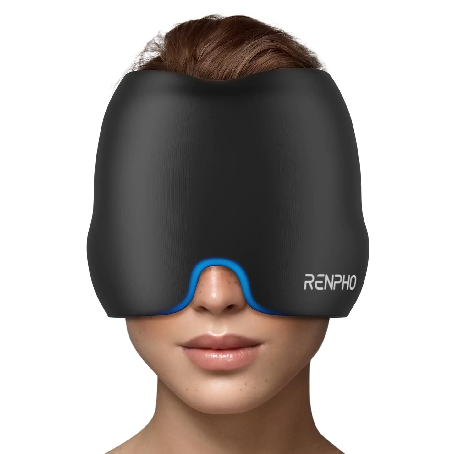 Black sleep mask with blue strap worn by a person on a white background, featuring the brand 'RENPHO'.