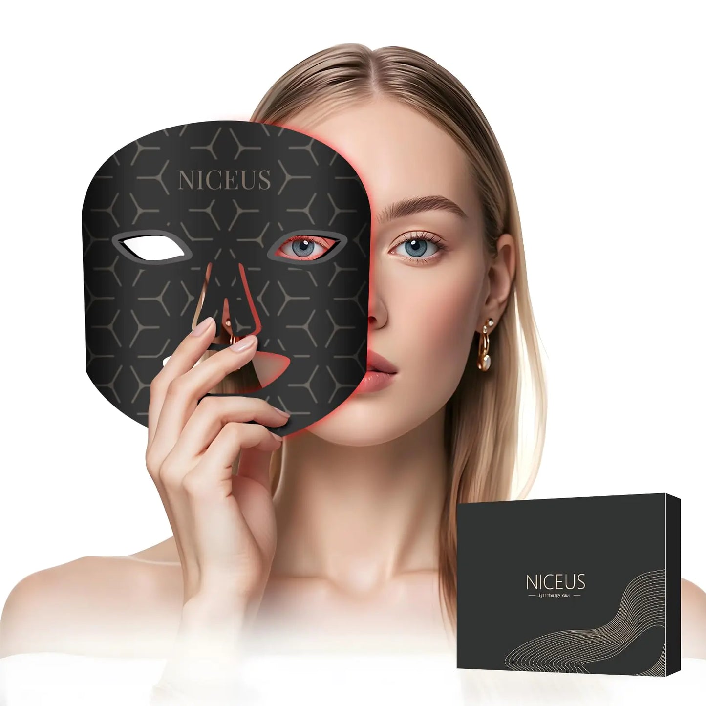 Woman holding a black facial mask with 'NICEUS' branding, next to the product packaging.