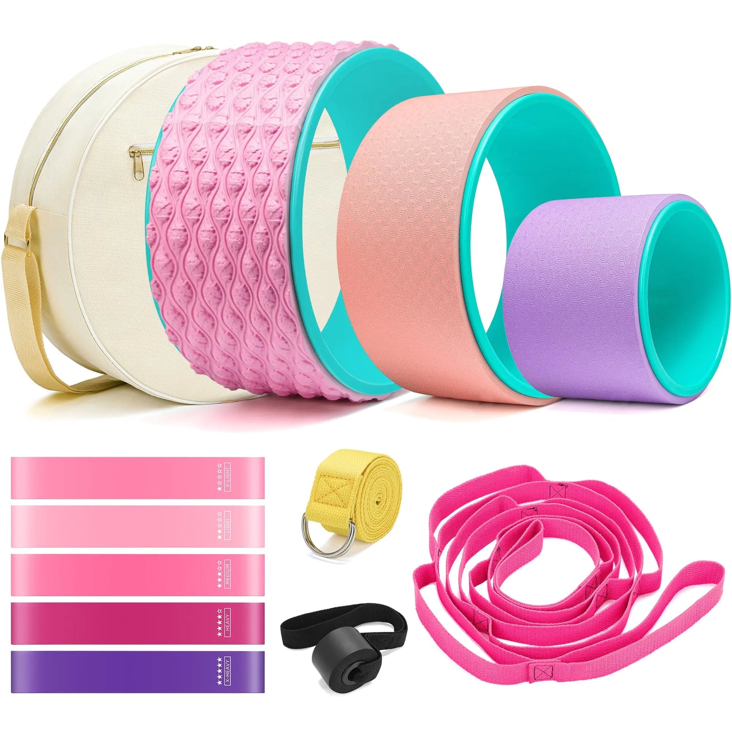 Assorted fitness tools including resistance bands, a rolling wheel, and a bag on a white background