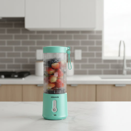 Denokin portable blender with fruits on a white background
