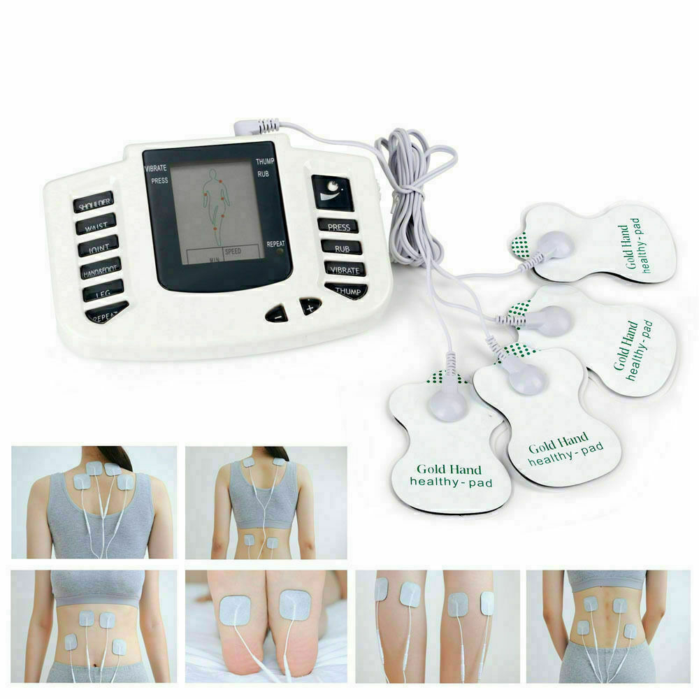 Electrotherapy device with digital display and electrode pads on a white background