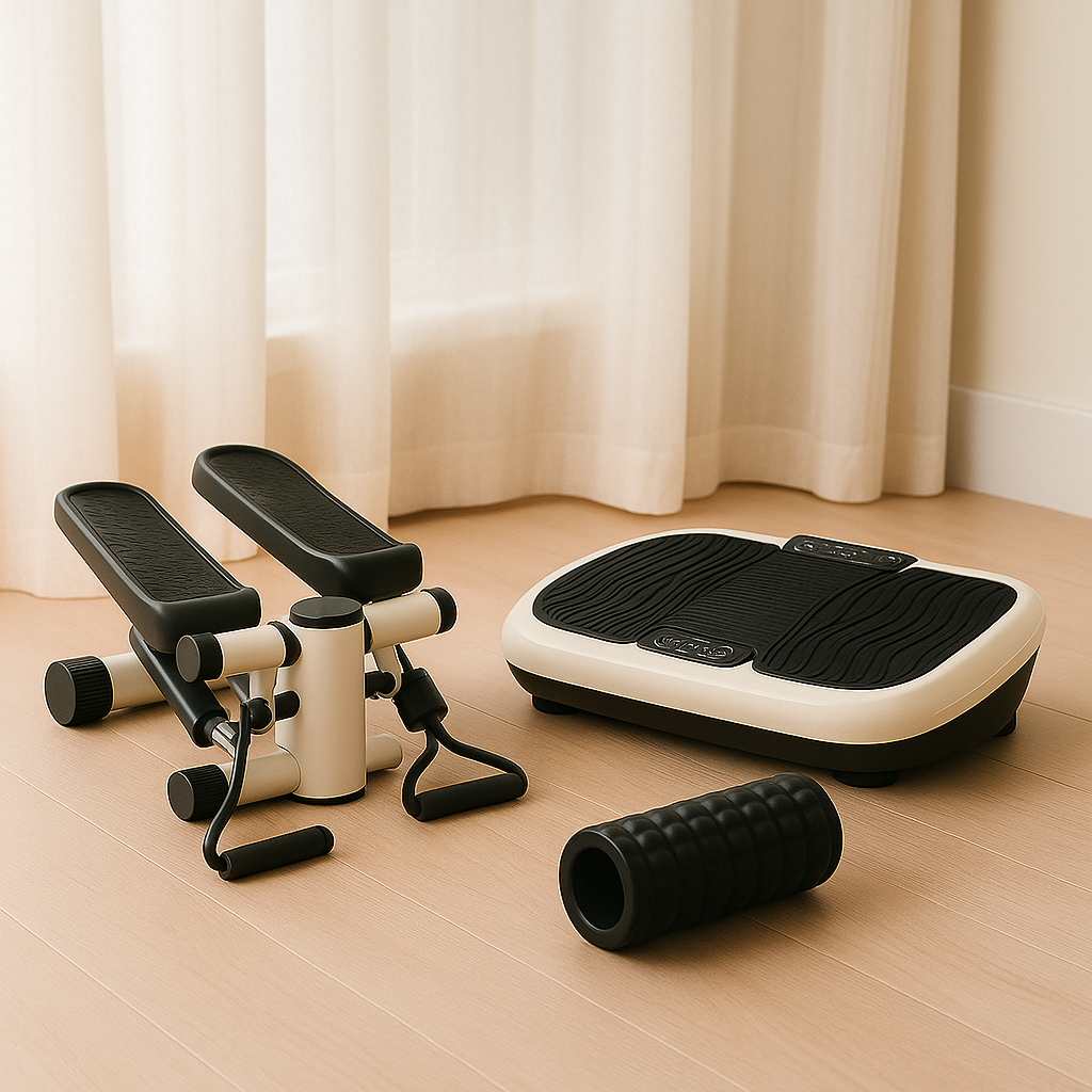 Three home workout products including a mini stepper, vibration plate, and resistance bands placed on a neutral backdrop with bold white text ‘Home Fitness’ above.
