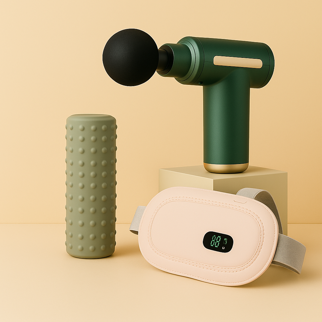 Massage and recovery equipment including a shiatsu pillow, calf massager with remote, and vibration plate arranged on a gray background with bold white text ‘Massage & Recovery’ above.