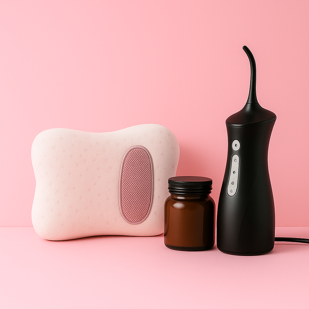 A lumbar support pillow, handheld relaxation device, supplement bottle, and black water flosser arranged on a beige background with bold white text reading ‘WELLNESS & RELAXATION’ above.