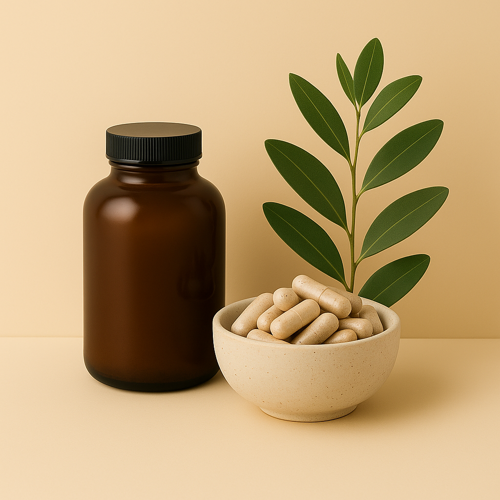 Three natural supplement products—a brown glass bottle, a black pouch labeled Yerba Mate, and an amber jar of capsules—arranged on a beige background with white text reading ‘NATURAL SUPPLEMENTS’ above.