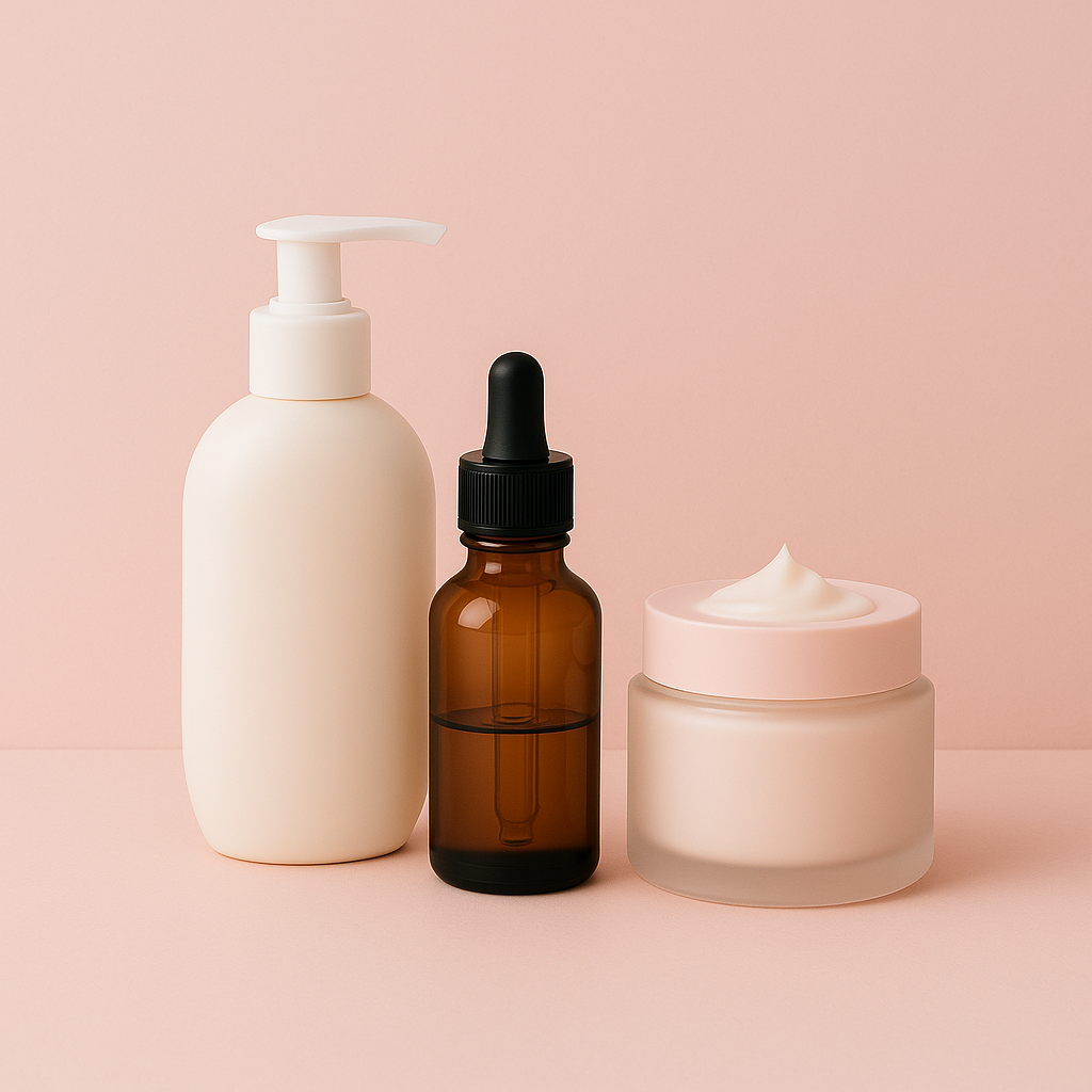 Four skincare products—a matte white bottle, a glass cream jar, a frosted blue pump bottle, and a clear serum bottle—arranged on a beige background with bold white text reading ‘SKINCARE & SERUMS’ above.