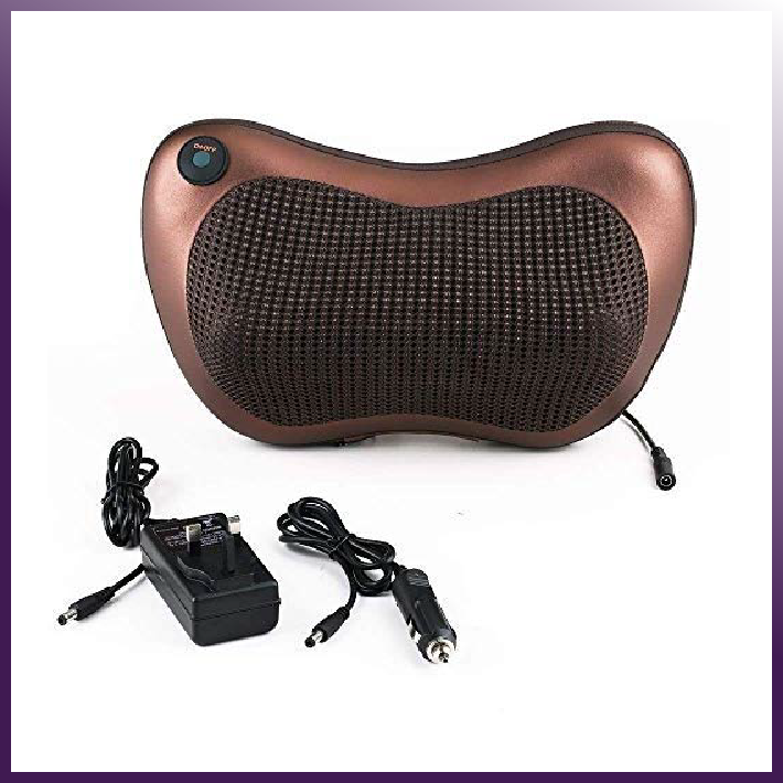 Brown massage pillow with charging cables on a white background