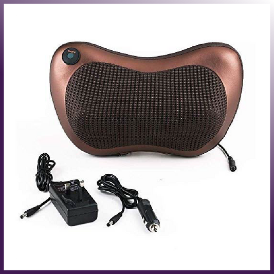 Brown massage pillow with charging cables on a white background
