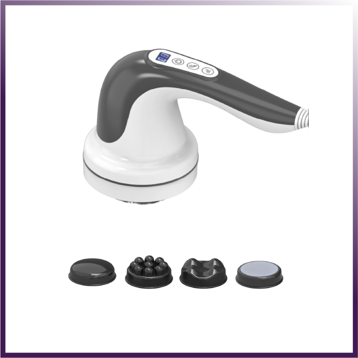 Handheld massager with attachments on a white background