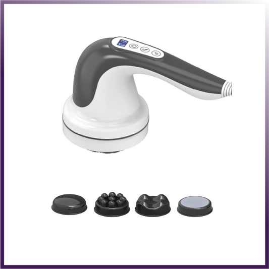Handheld massager with attachments on a white background