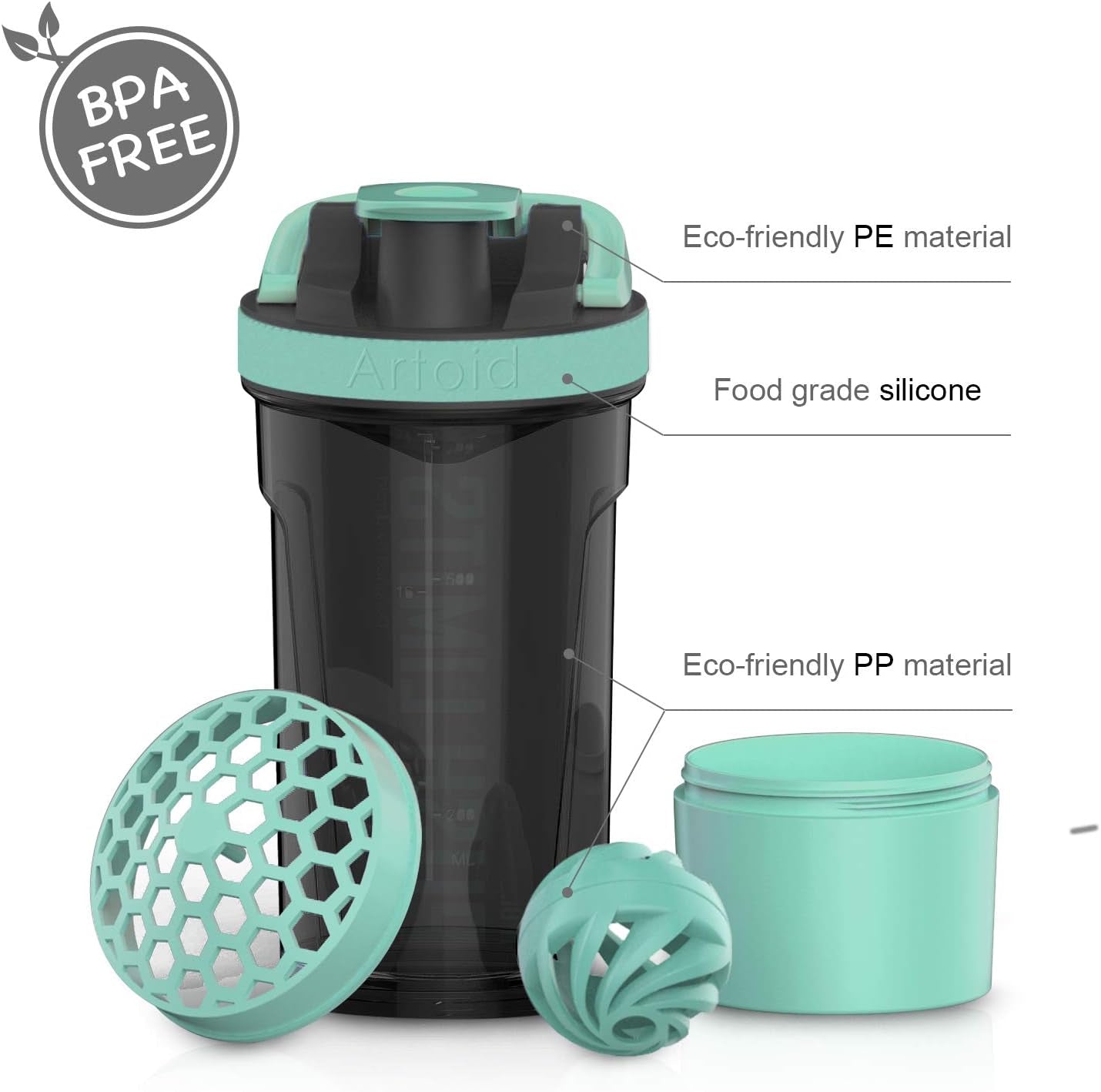 24-Ounce Protein Shaker Bottle, Dual Mixing Technology, BPA Free, Aqua Green/Black