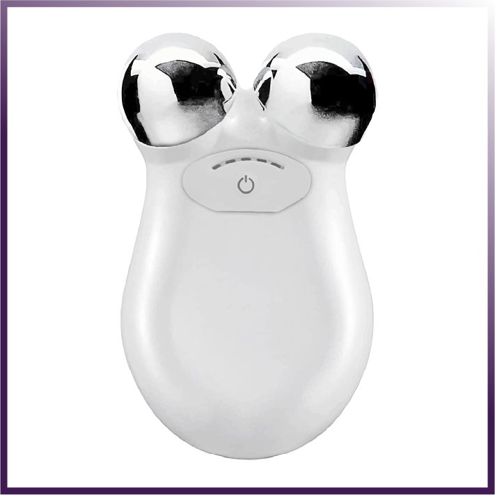 White facial massager with silver knobs on a white background