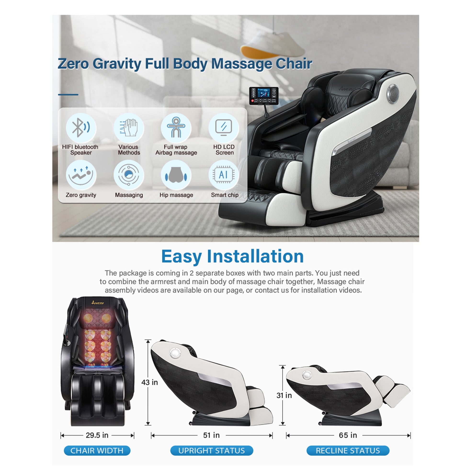 Zero Gravity Massage Chair Full Body Shiatsu Recliner with Hip & Calf Heating, 20 Airbags, 8+2 Rollers, Foot & Air Massage System, Bluetooth, for Home and Office - Beige