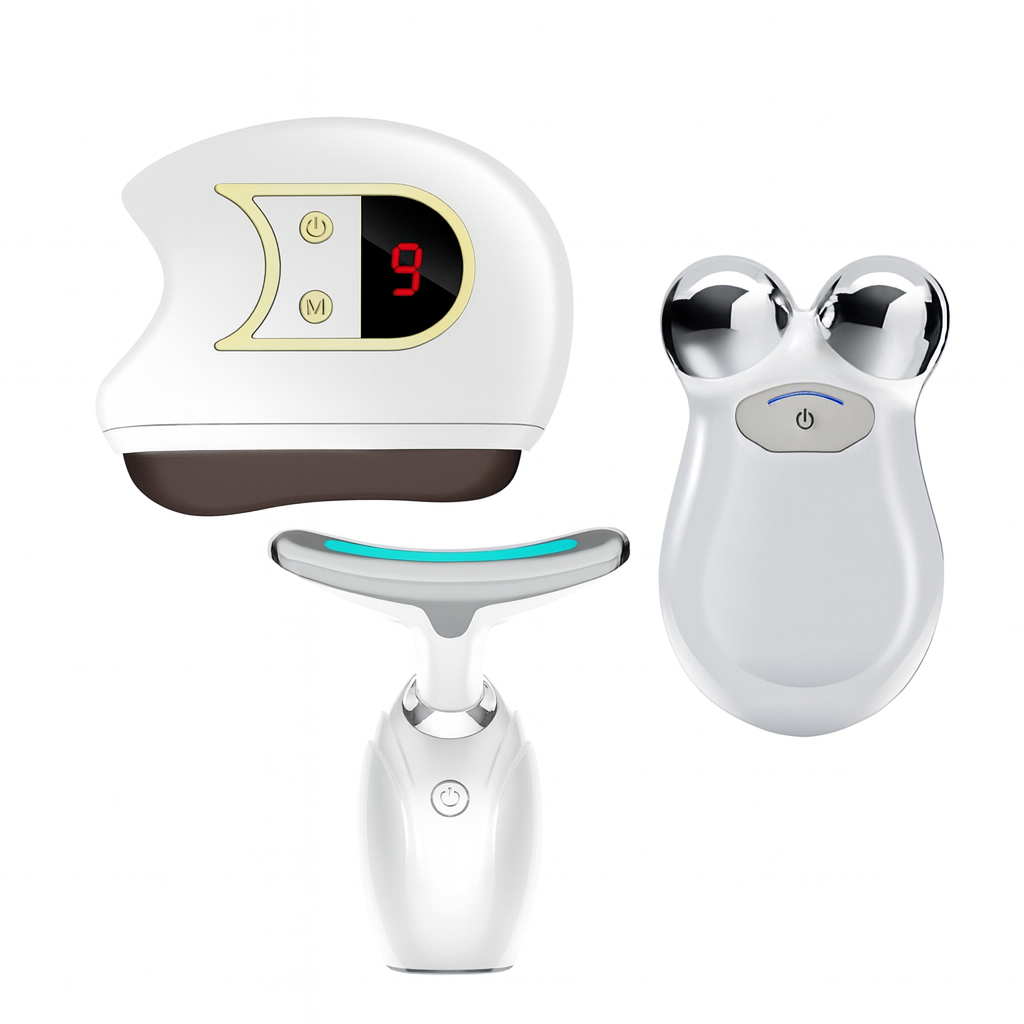 Set of electronic devices including a digital display, a white handheld device with buttons, and a smaller silver device on a white background.