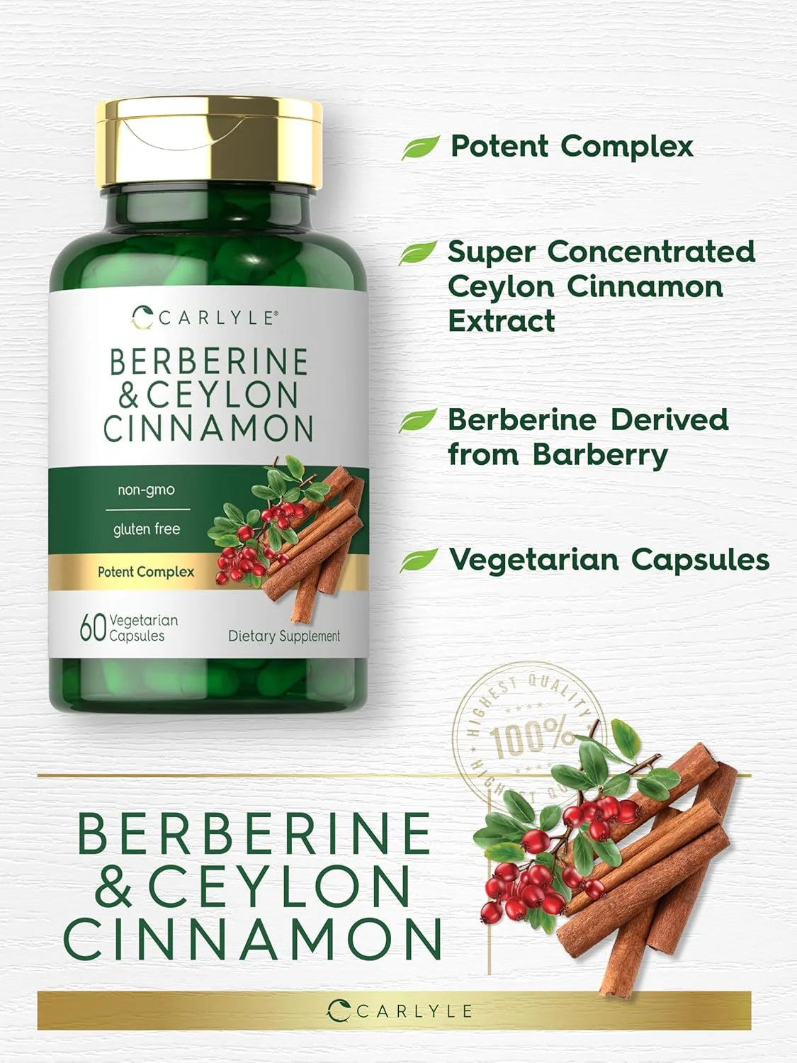 Berberine with Ceylon Cinnamon | 2000Mg Complex | 60 Capsules for Men and Women | by