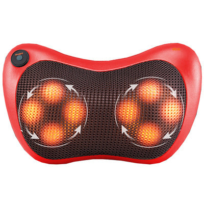 Red and black massage pillow with glowing orange lights on a white background