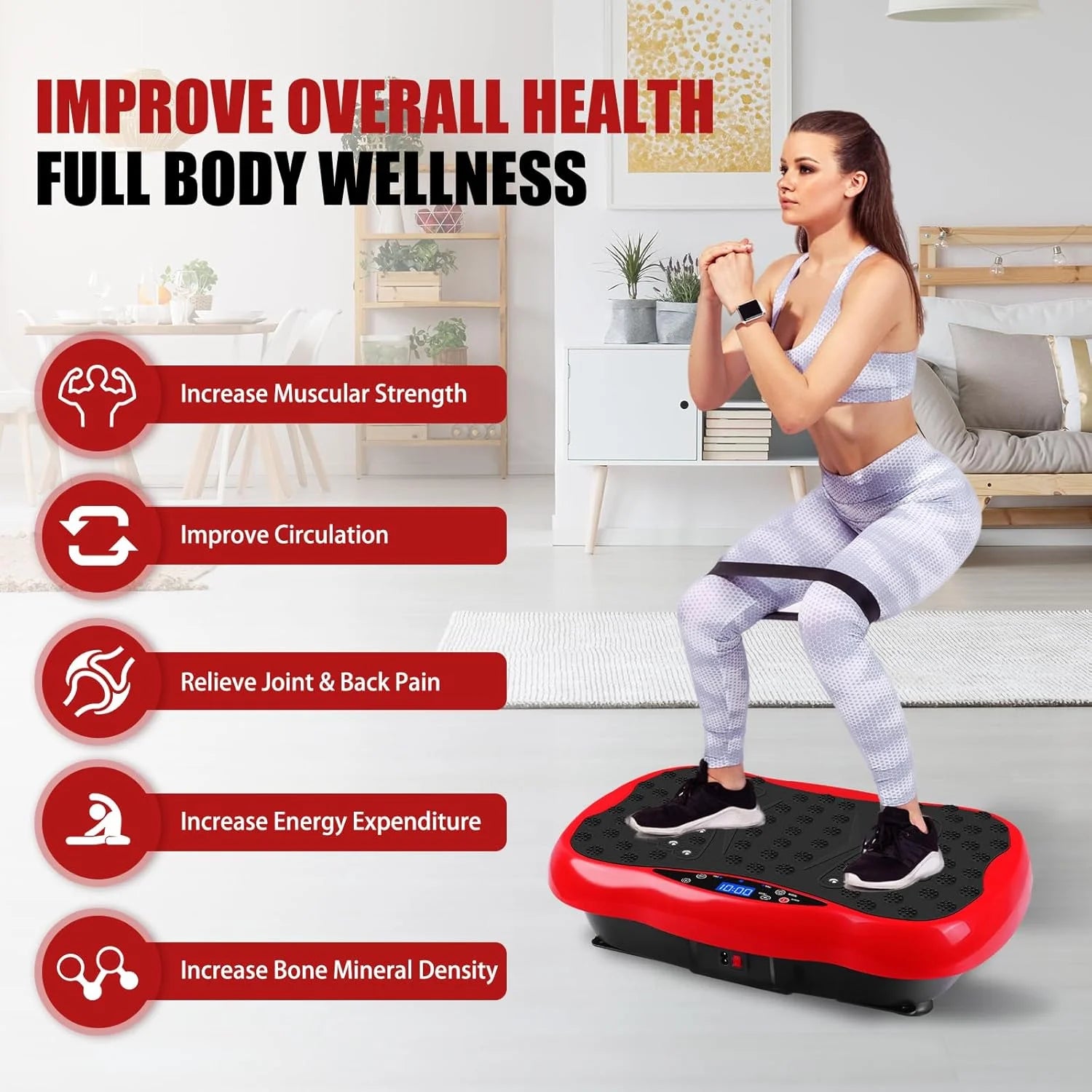 Vibration Plate Exercise Machine,Portable Vibration Plate Platform for Weight Loss Home Fitness, Lymphatic Drainage, W/Resistance Bands+Remote,Red