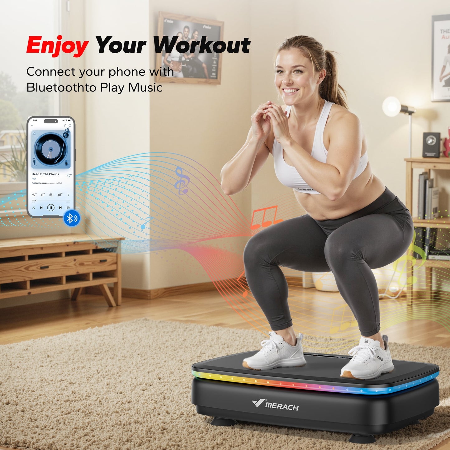 LED Light Vibration Plate Exercise Machine, Vibrating Muscle Toner, Bluetooth Speaker Whole Body Workout Fitness Platform with Resistance Bands, 330Lb Capacity