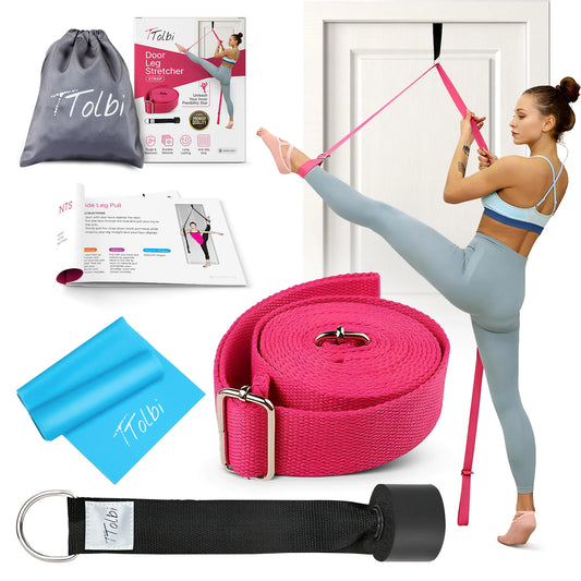 Yoga and fitness equipment including a pink door limbering stratcher, blue towel, and black belt with Tolbi branding.