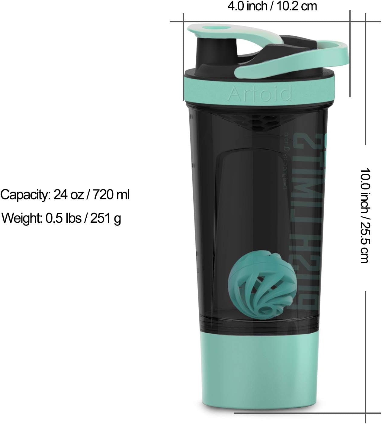 24-Ounce Protein Shaker Bottle, Dual Mixing Technology, BPA Free, Aqua Green/Black
