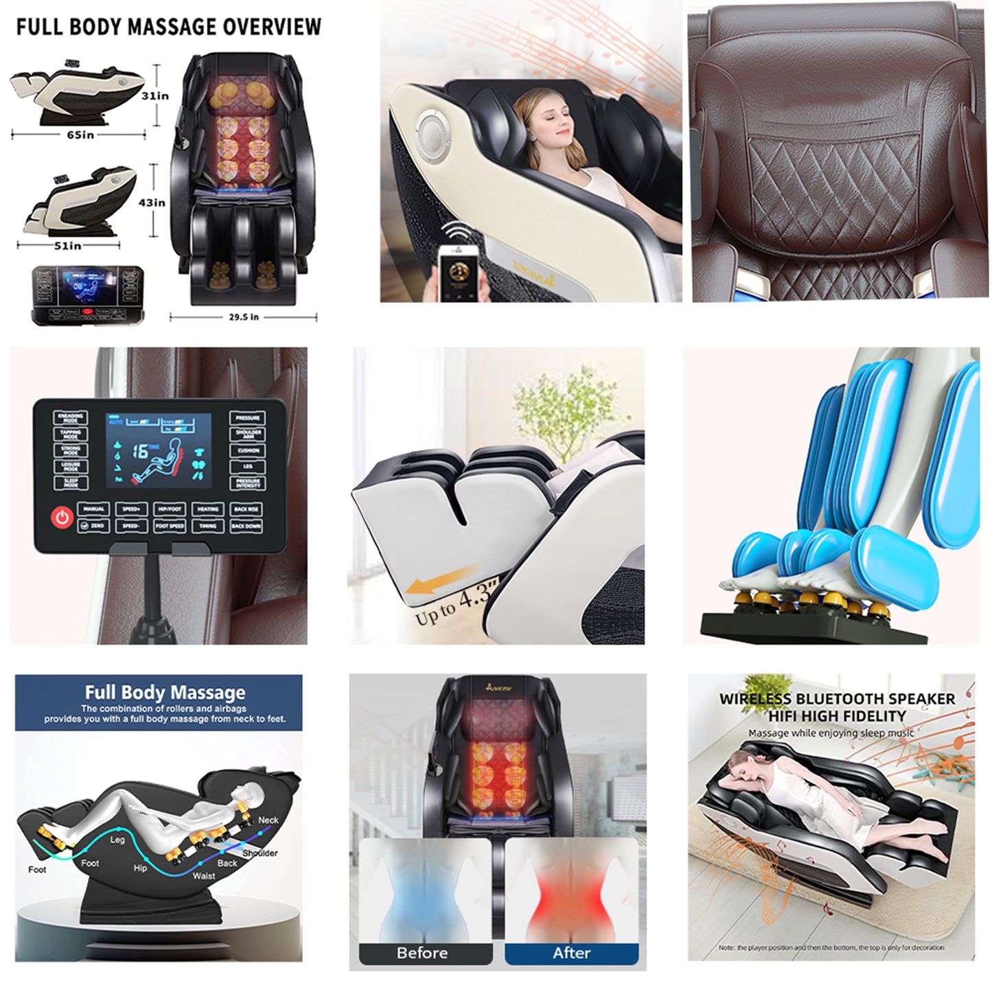 Zero Gravity Massage Chair Full Body Shiatsu Recliner with Hip & Calf Heating, 20 Airbags, 8+2 Rollers, Foot & Air Massage System, Bluetooth, for Home and Office - Beige