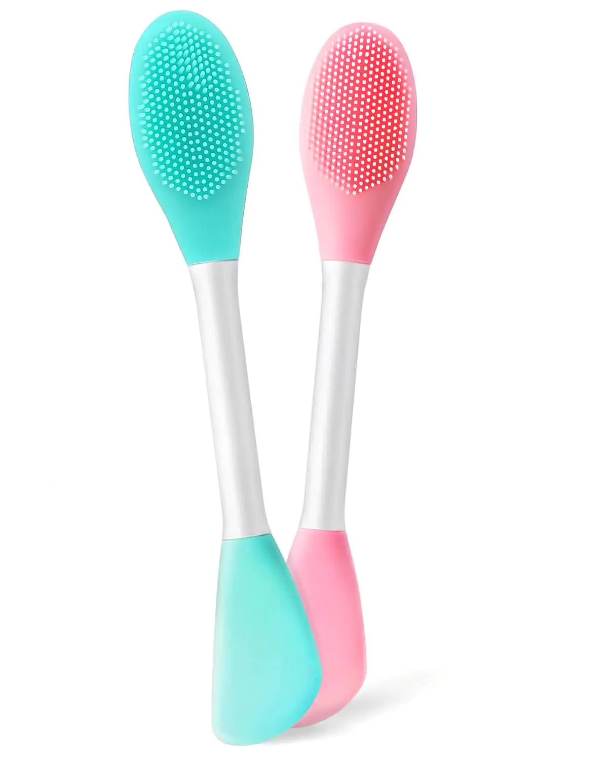 Two silicone baby utensils, one teal and one pink, on a white background.