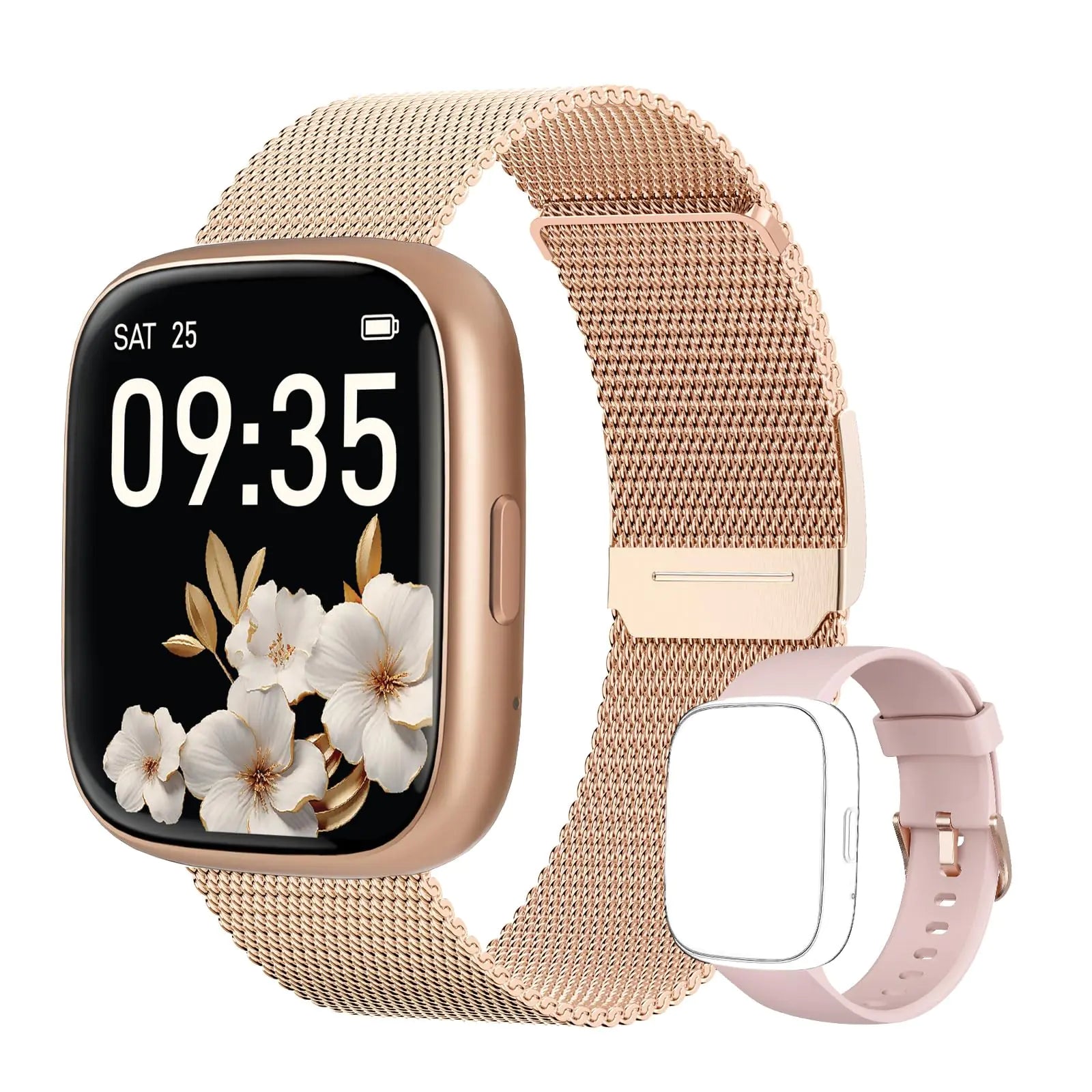 Smartwatch with a rose gold mesh band on a white background