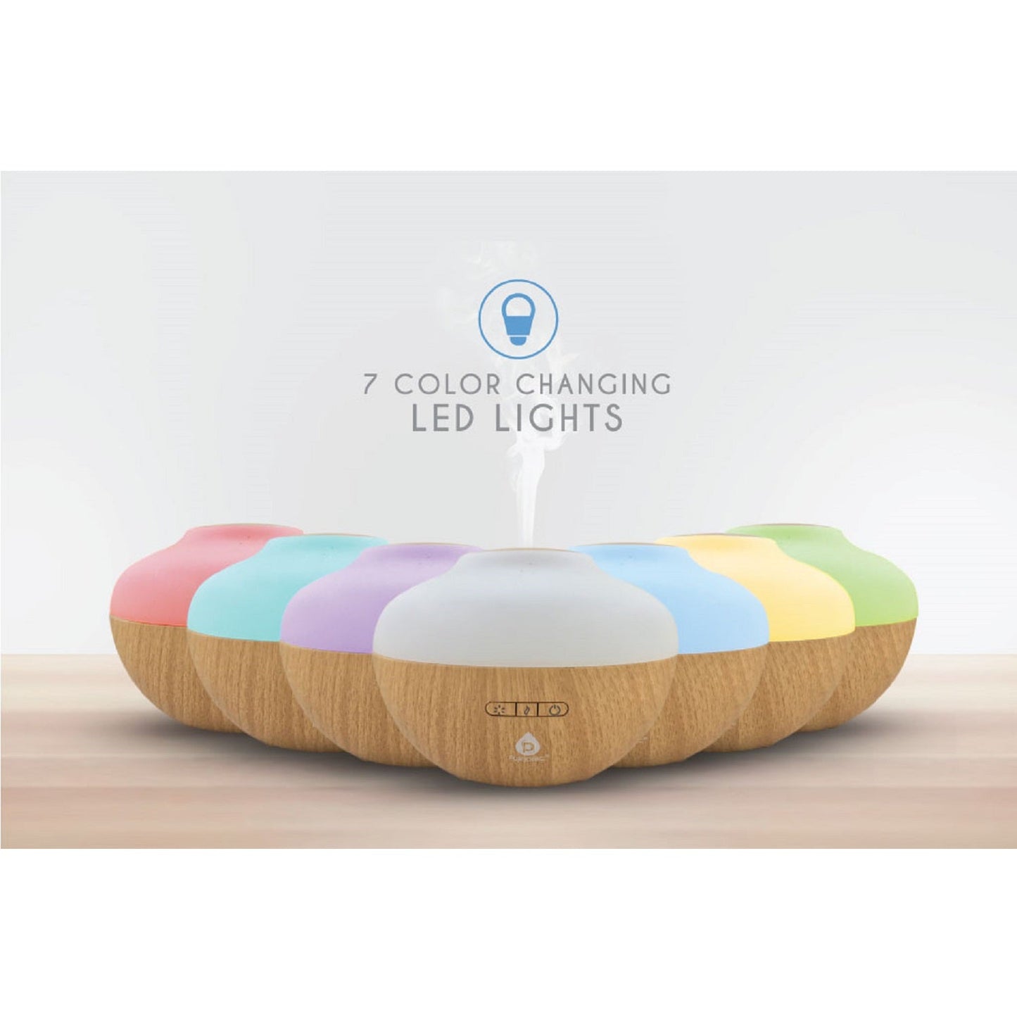 Colorful LED light strip on a wooden base with '7 Color Changing LED Lights' text.