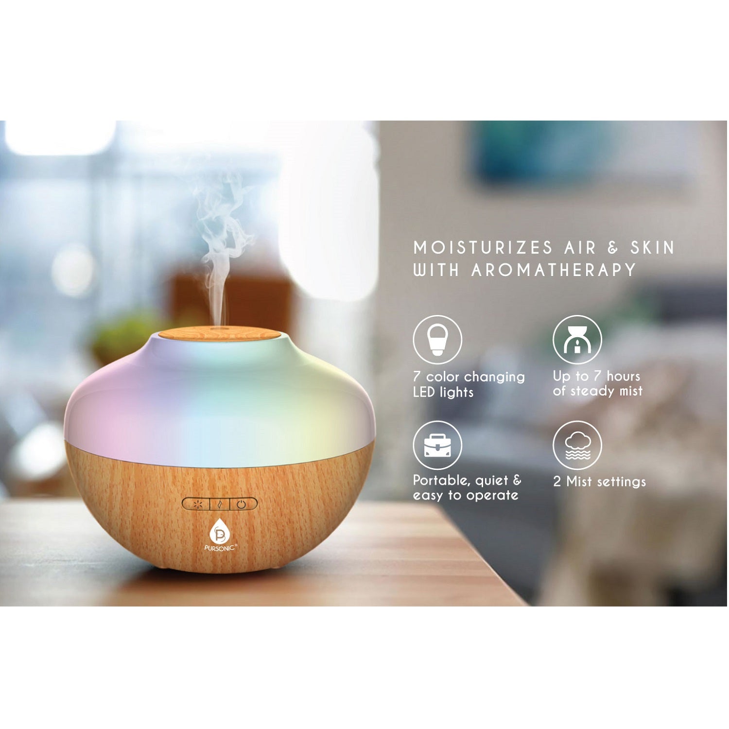 Aromatherapy diffuser with wooden design on a blurred background
