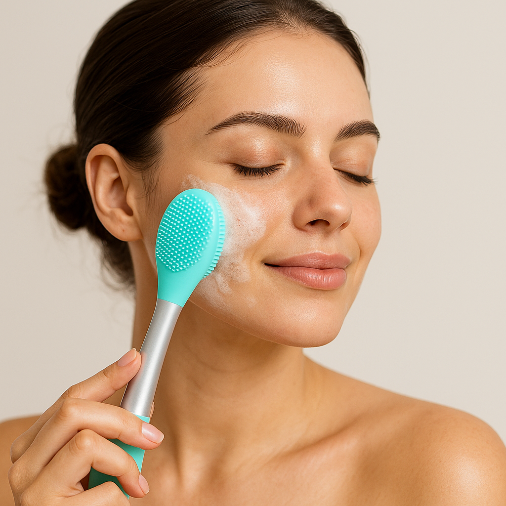 Woman using a blue facial cleansing brush on her face against a beige background