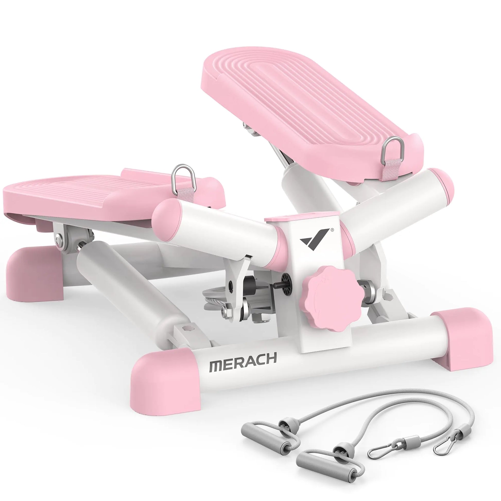 Pink and white step machine with resistance bands on a white background