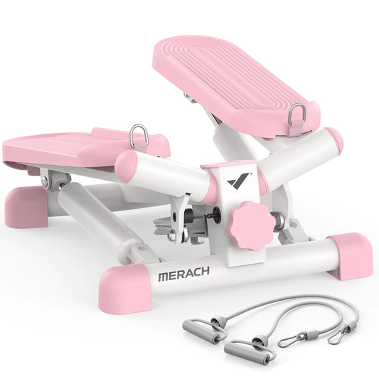 Pink and white step machine with resistance bands on a white background