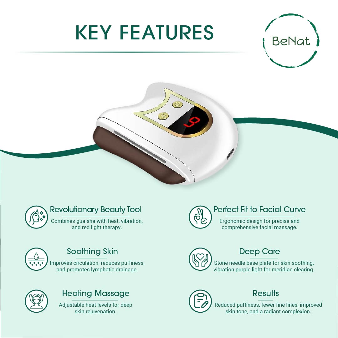 Beauty tool with key features listed on a green background
