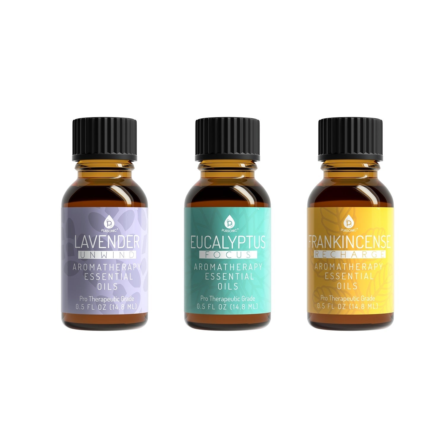 Three aromatherapy essential oil bottles labeled Lavender, Eucalyptus, and Frankincense on a white background.