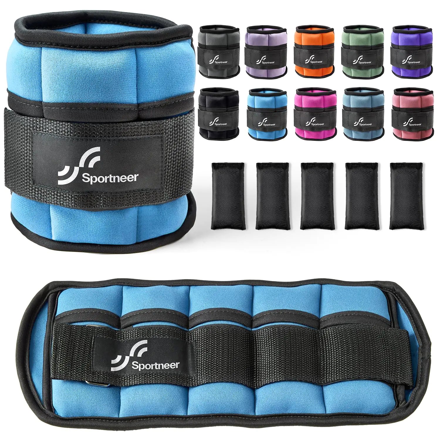 Blue ankle weight with Sportneer logo and additional weights in various colors on a white background