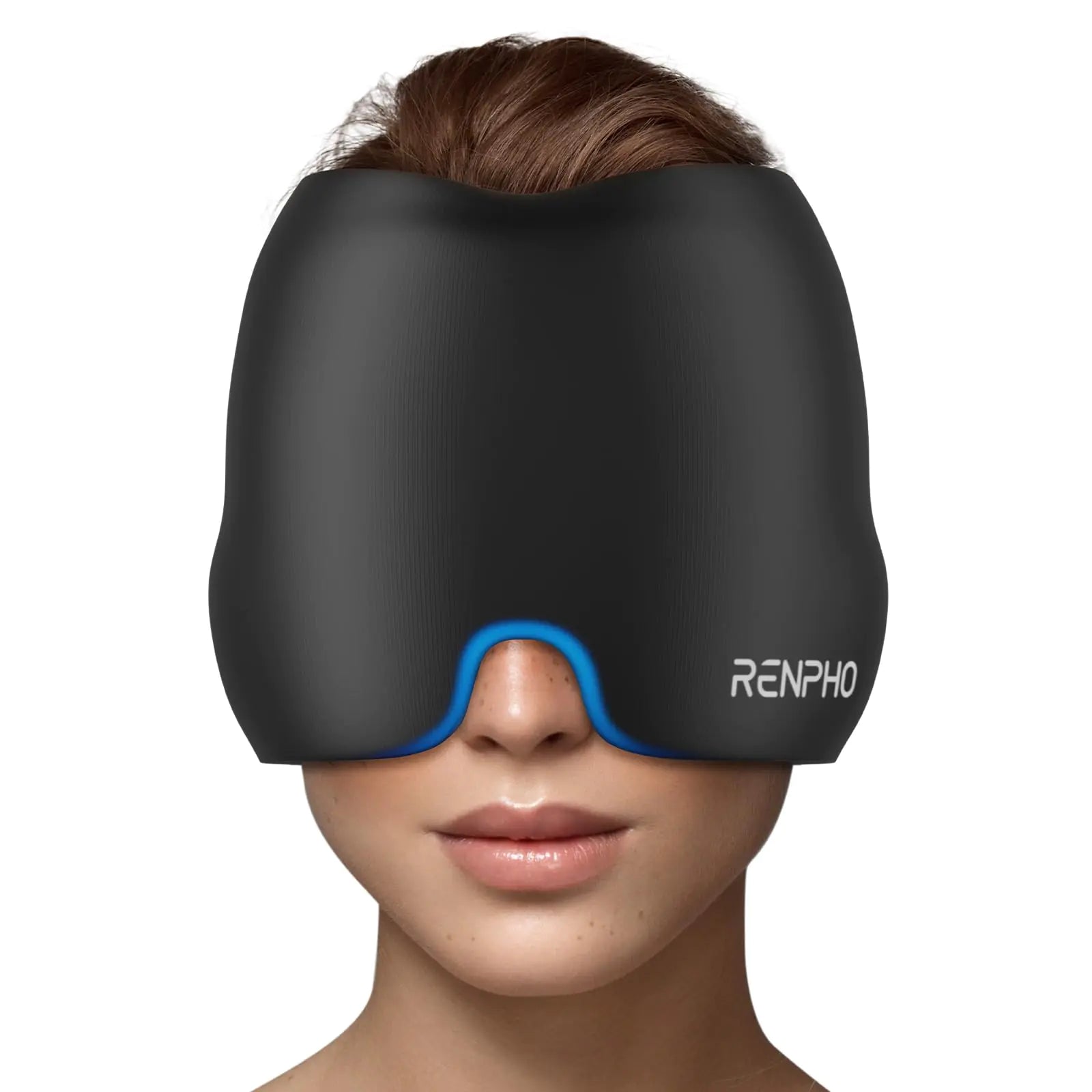 Black sleep mask with blue strap worn by a person on a white background, featuring the brand 'RENPHO'.