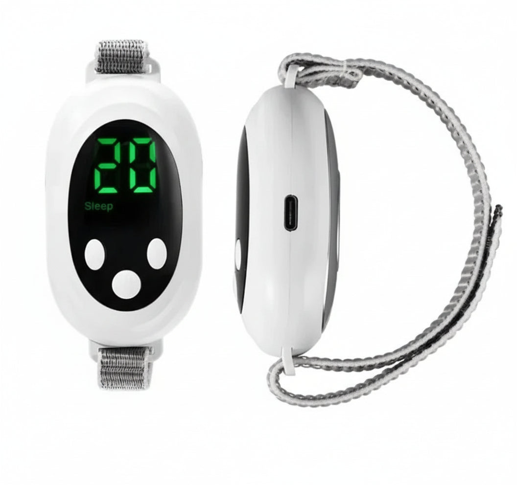 White electronic device with digital display and adjustable strap, showing measurements on a white background.