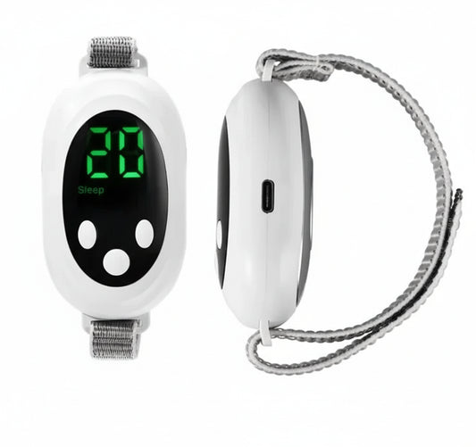 White electronic device with digital display and adjustable strap, showing measurements on a white background.