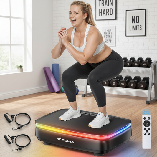 LED Light Vibration Plate Exercise Machine, Vibrating Muscle Toner, Bluetooth Speaker Whole Body Workout Fitness Platform with Resistance Bands, 330Lb Capacity
