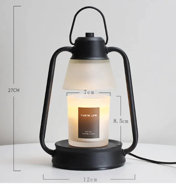 Candle lantern with dimensions displayed on a white background
