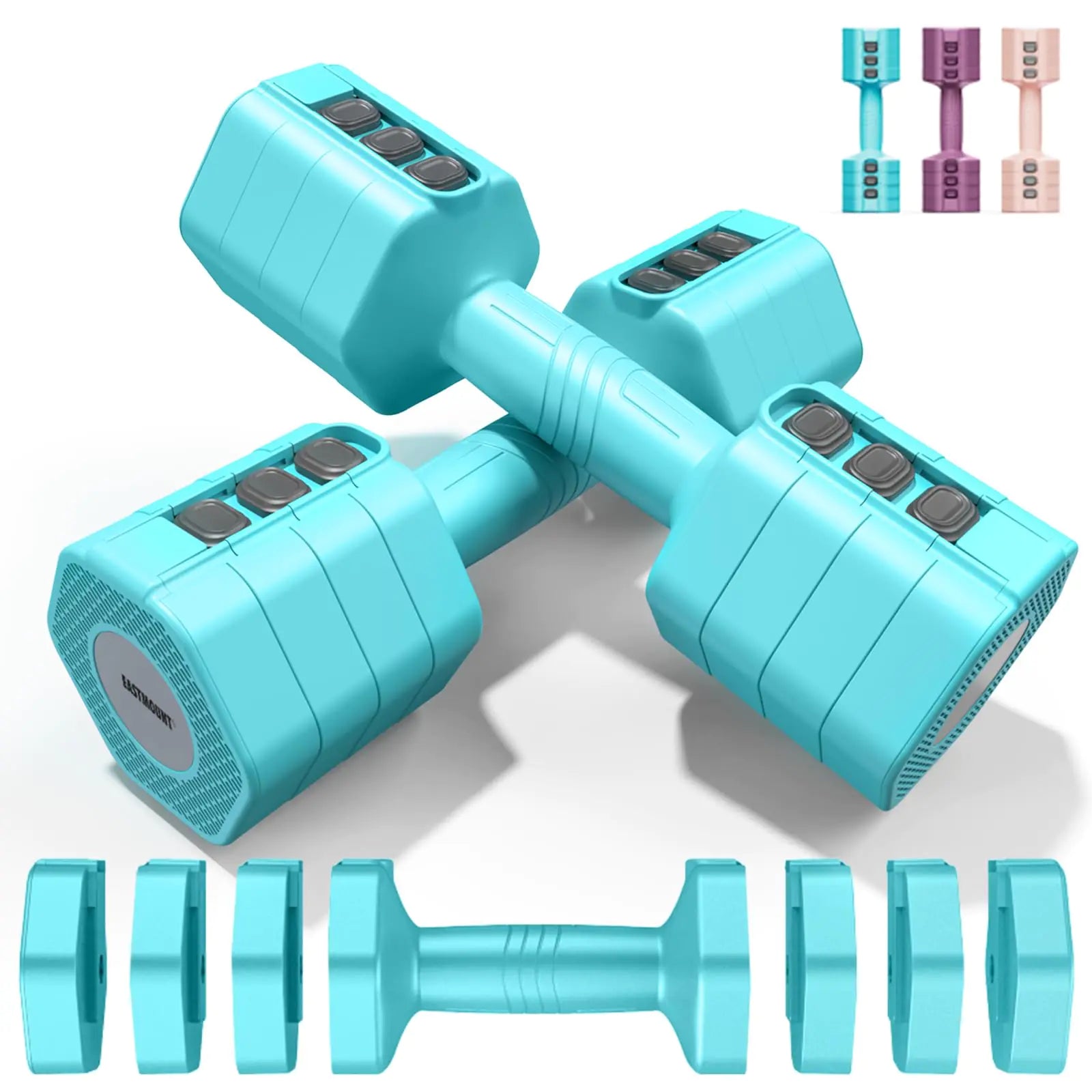 Pair of turquoise dumbbells with adjustable weights on a white background