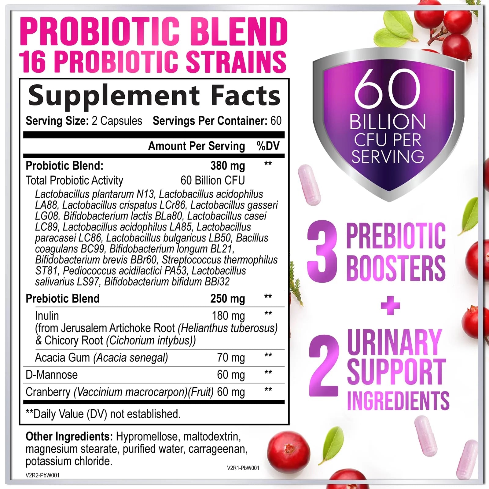 Probiotics for Women Digestive Health Support - 60 Billion CFU Women'S Probiotic, 16 Strains, for Ph Balance, Vaginal Support with Cranberry for Gut Health, Urinary & Immune Support - 120 Capsules