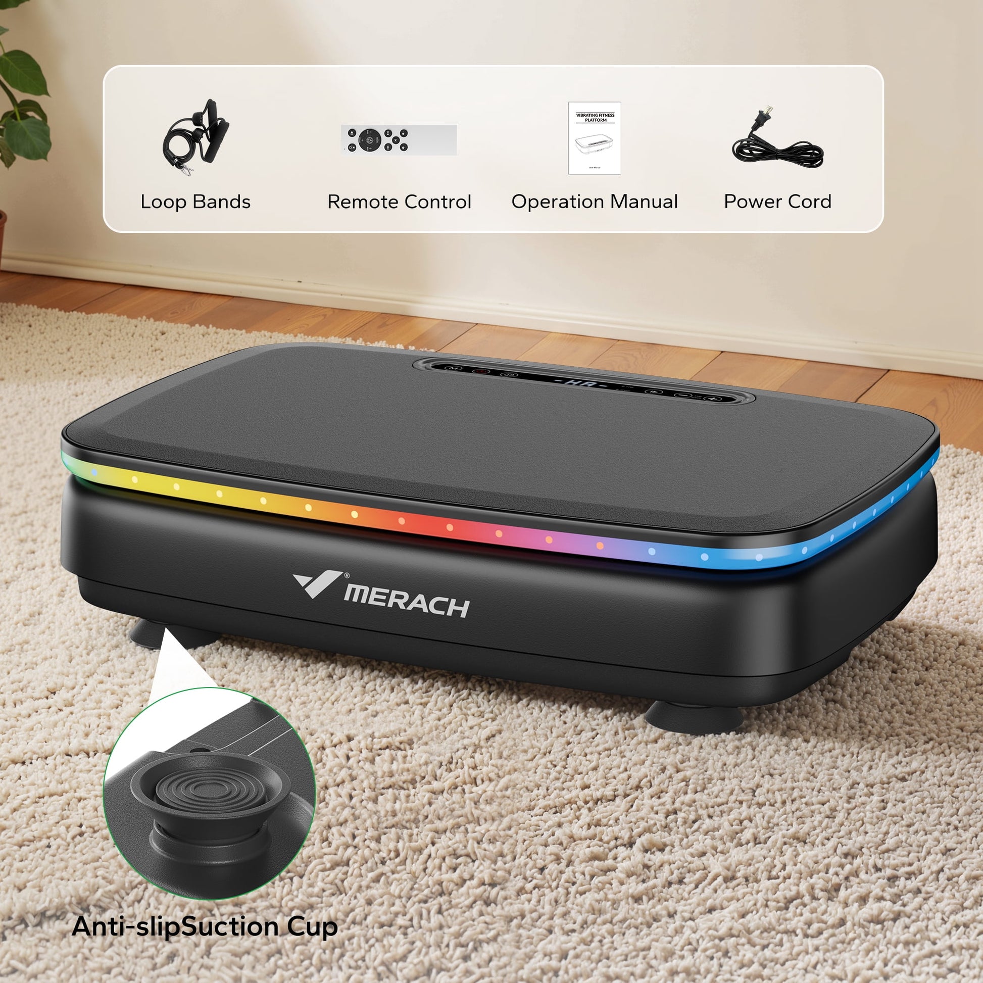 LED Light Vibration Plate Exercise Machine, Vibrating Muscle Toner, Bluetooth Speaker Whole Body Workout Fitness Platform with Resistance Bands, 330Lb Capacity